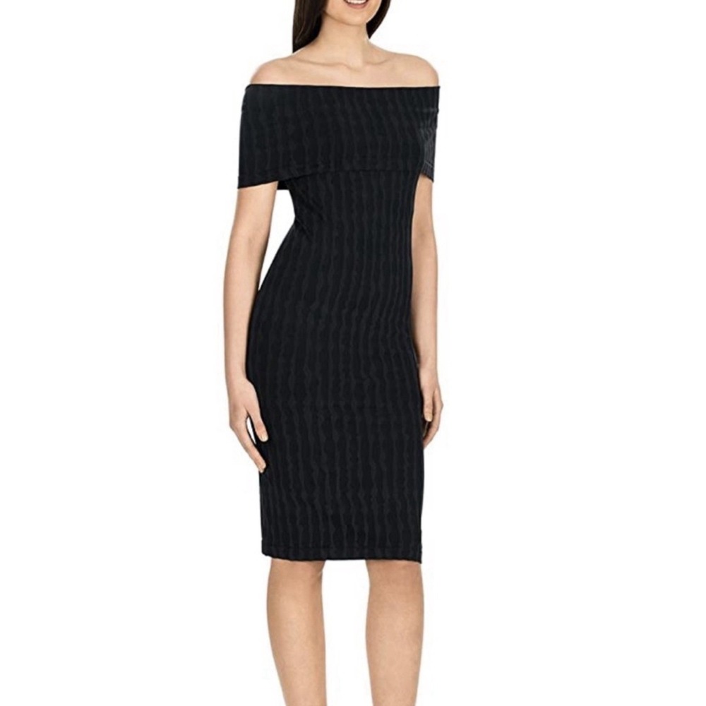 New Wolford Dress Stripes Medium Luxury Sexy Black Gray Bodycon Off Shoulder